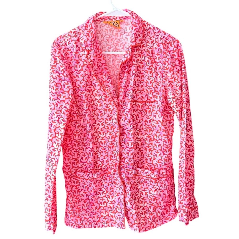 Tory Burch Pink Red Geometric T-Logo Cotton Button Down PJ Top 11101760 Womens S